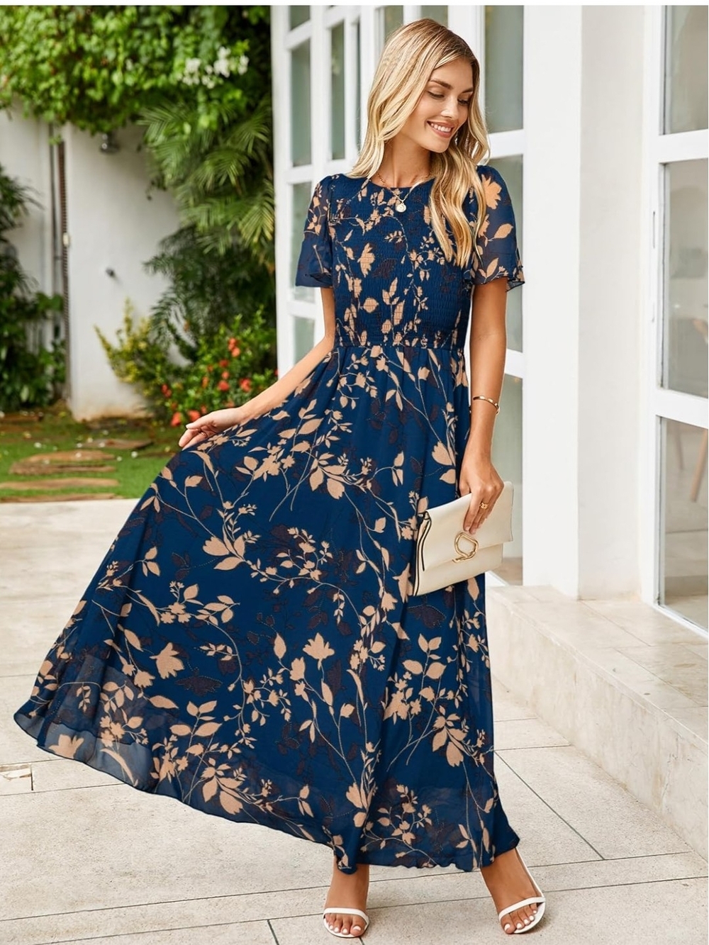Simple Navy Maxi Dress with Tan Floral Print
